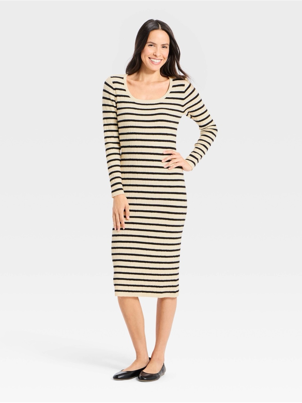 Universal Thread Women's Long Sleeve Textured Cream Striped Midi Sweater Dress